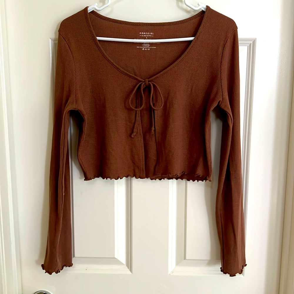 Brown Tie Front Crop Blouse